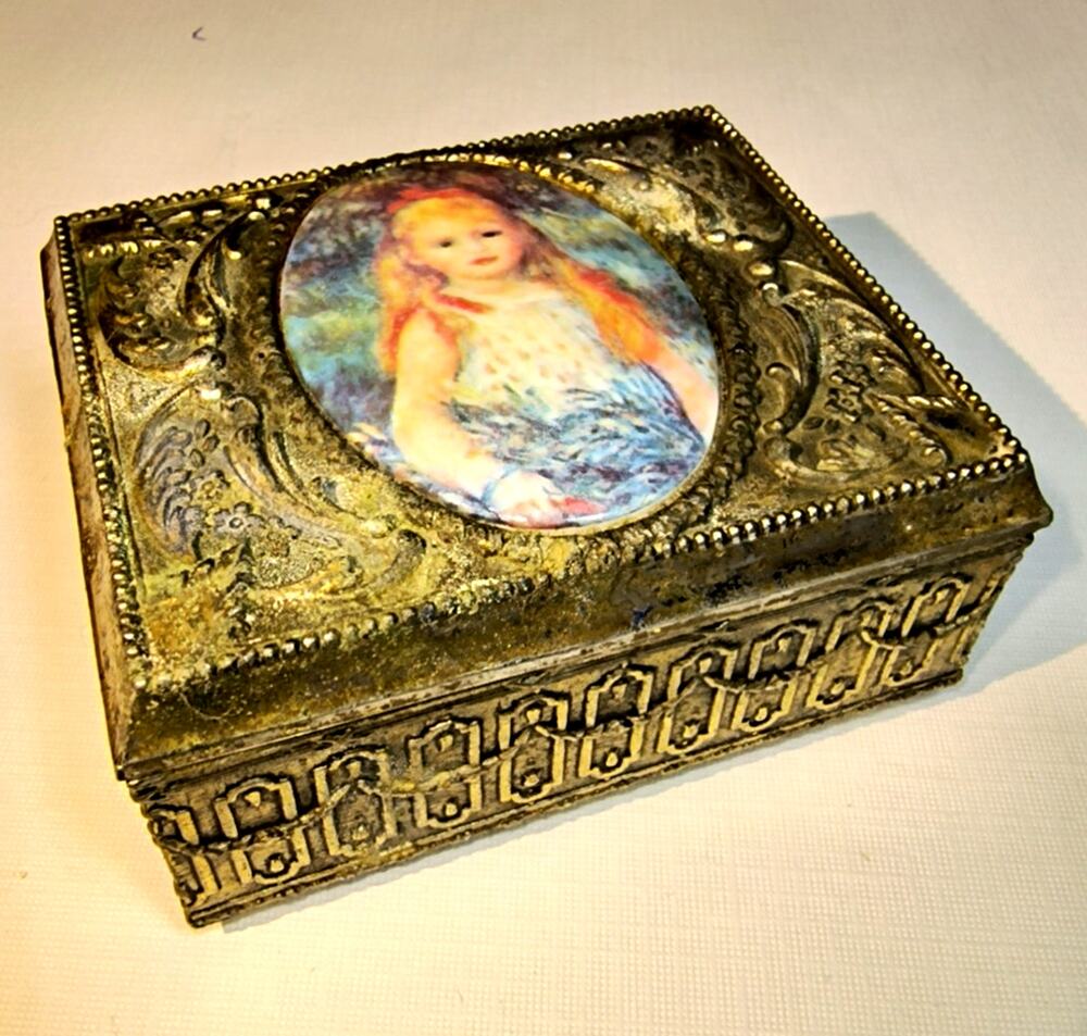 1639.  Metal Trinket Jewelry Box Porcelain Inlay